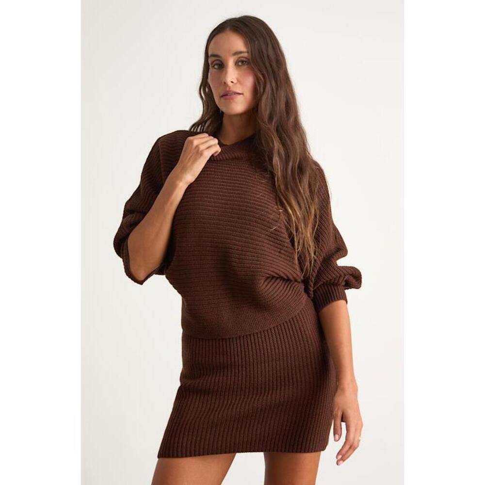 NWT Lulus Toasty Times Brown Long Sleeve Two-piece Sweater Dress - Size XS